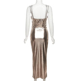 Metallic ruched backless patchwork solid midi dress 3