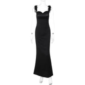 Feather cowl neck ruched solid backless maxi dress 2