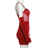 Sweetheart neck gloves velvet glitter mesh patchwork cami dress 5