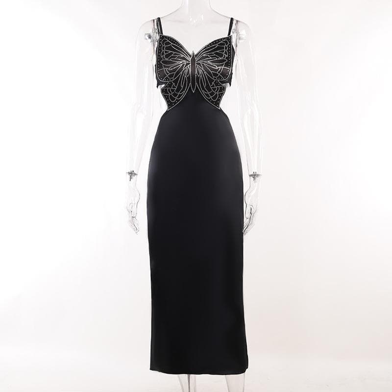 Beaded butterfly pattern zip-up hollow out satin slit midi dress - View 9