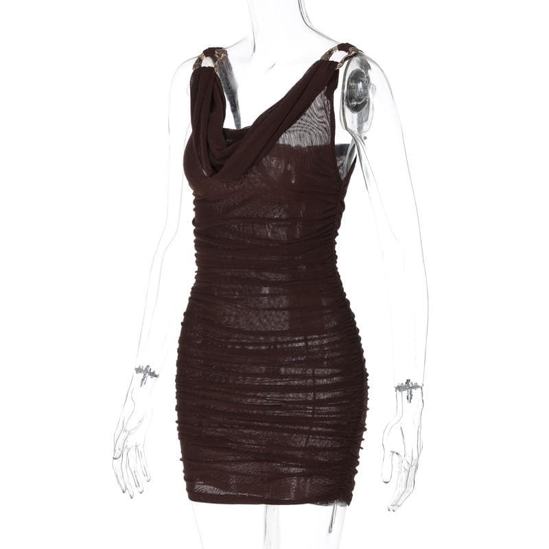 Cowl neck ruched o ring sheer mesh bowknot ribbon backless cami mini dress 3