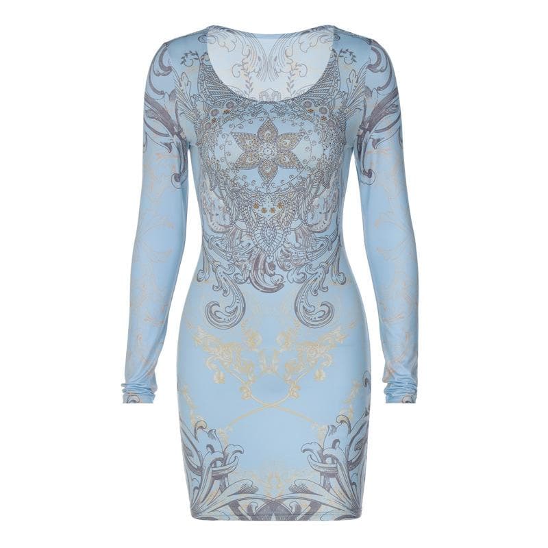 Beaded long sleeve u neck abstract contrast mini dress 2