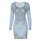 Beaded long sleeve u neck abstract contrast mini dress 2