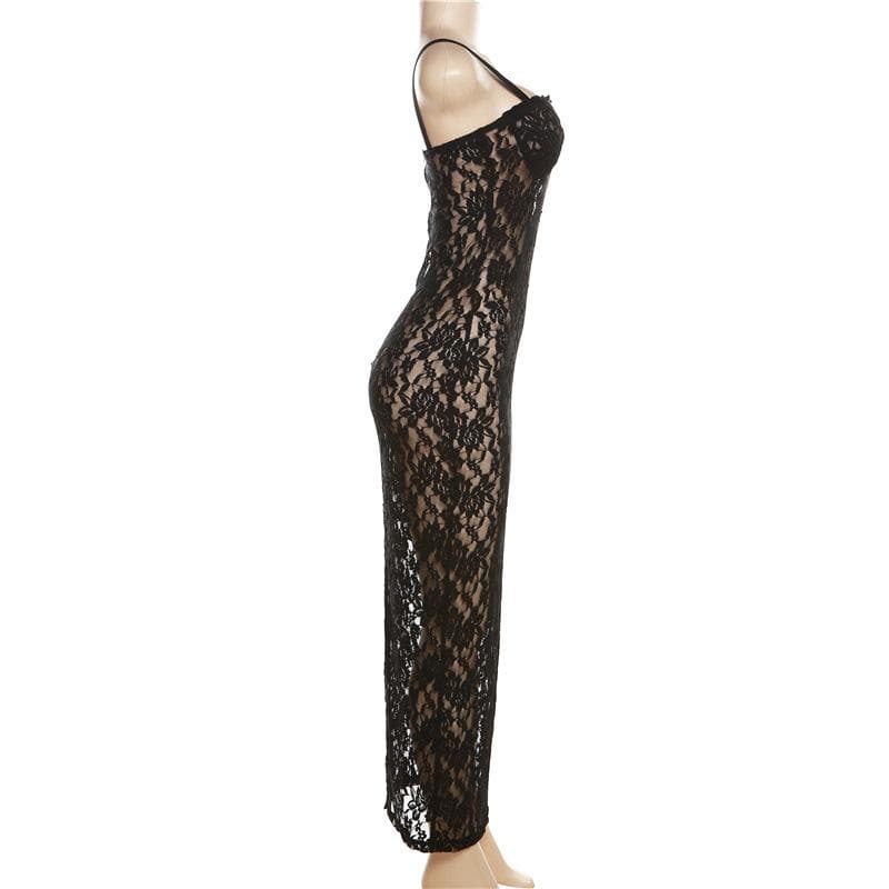 Lace solid zip-up see through sleeveless backless maxi dress 3