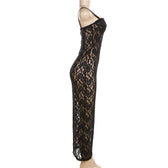 Lace solid zip-up see through sleeveless backless maxi dress 3