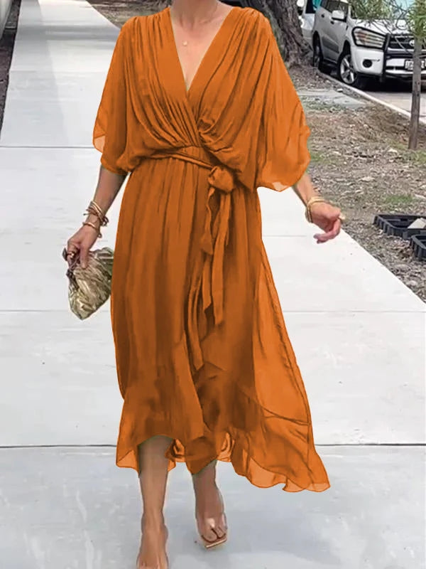 Chiffon Deep V-Neck Batwing Wrap Midi Dress 9