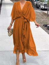 Chiffon Deep V-Neck Batwing Wrap Midi Dress 9