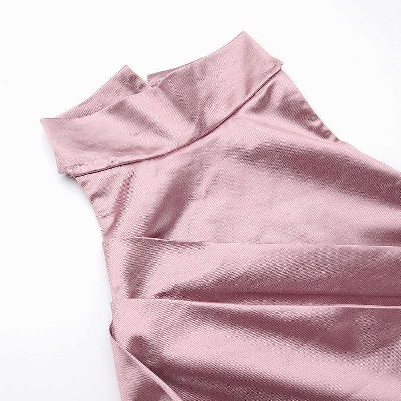 Ruched solid satin zip-up halter backless slit maxi dress 5