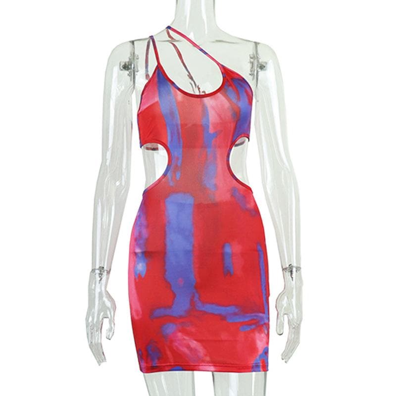 Contrast print irregular hollow out one shoulder mini dress