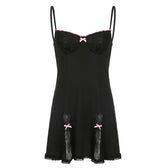 Low cut bowknot lace ruffled cami A line dress 3