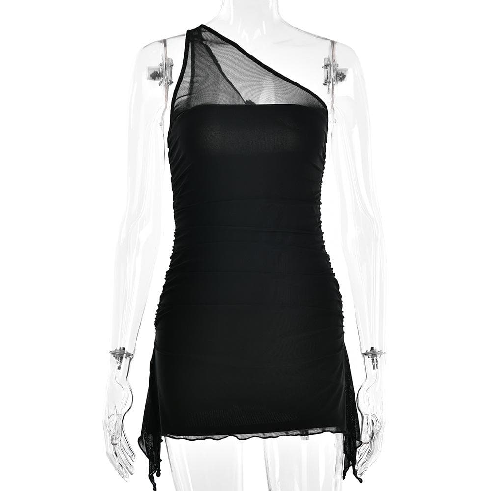 Solid one shoulder mesh patchwork ruffle ruched zip-up mini dress 3