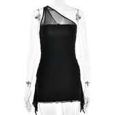 Solid one shoulder mesh patchwork ruffle ruched zip-up mini dress 3