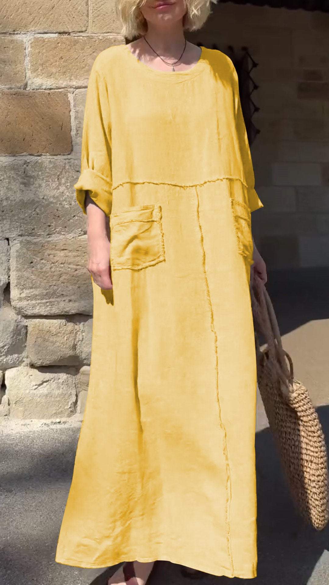 Linen Round Neck Long Sleeve Pocket Maxi Dress 7
