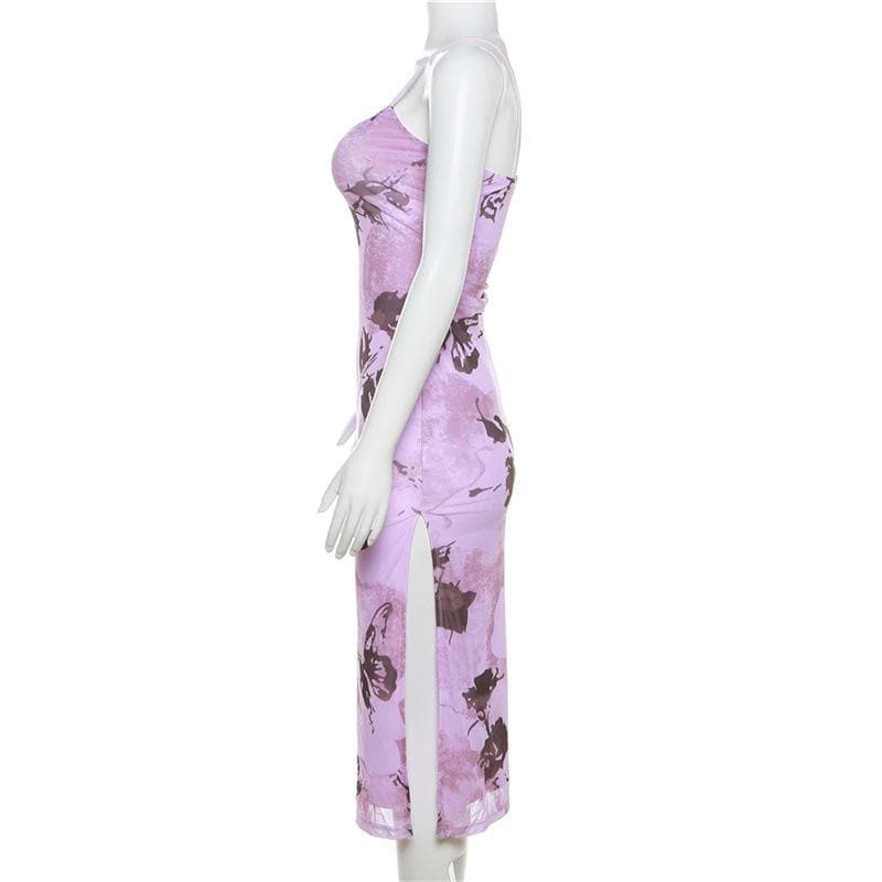 Mesh butterfly pattern slit backless contrast cami midi dress 3