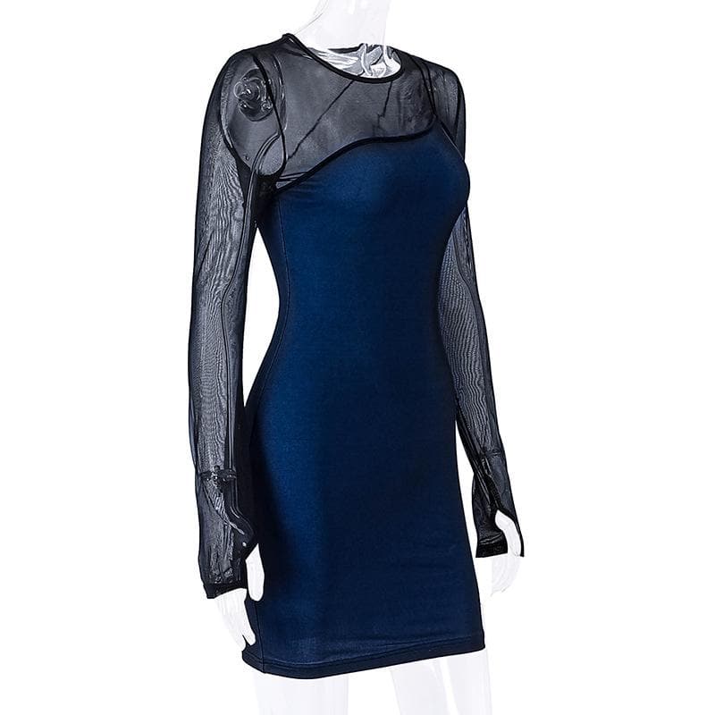 Long sleeve gloves mesh patchwork stitch contrast mini dress 3