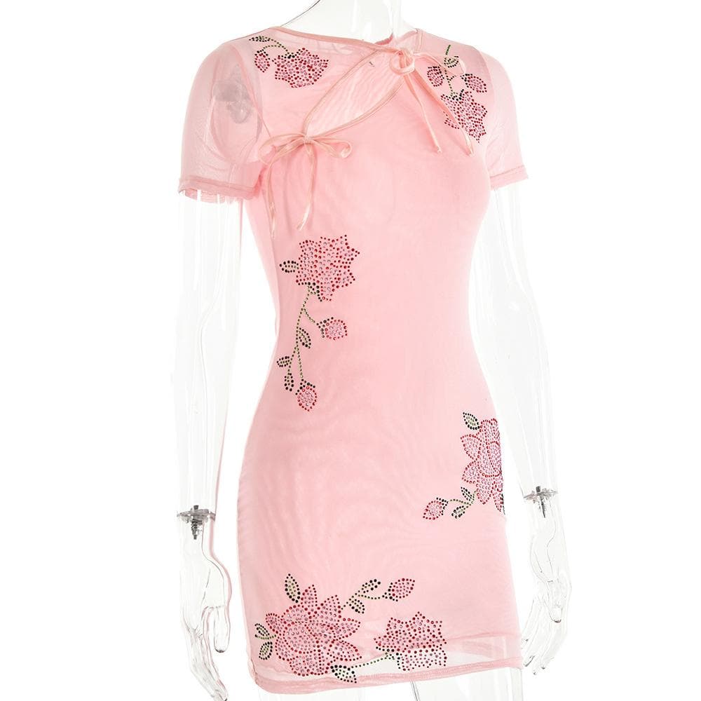 Beaded sheer mesh see through self tie short sleeve mini dress 3