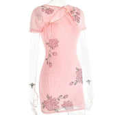 Beaded sheer mesh see through self tie short sleeve mini dress 3