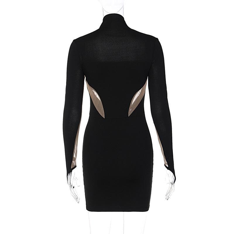 Mesh patchwork contrast gloves high neck mini dress 4