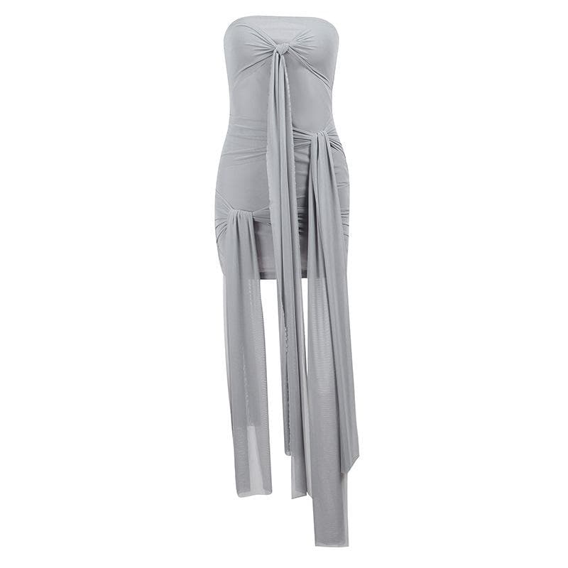 Strapless Mesh Ruched Knot Front Draped Tie Bodycon Mini Dress