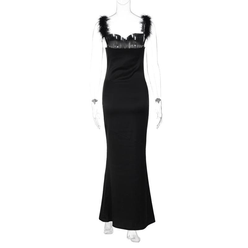Feather cowl neck ruched solid backless maxi dress 3