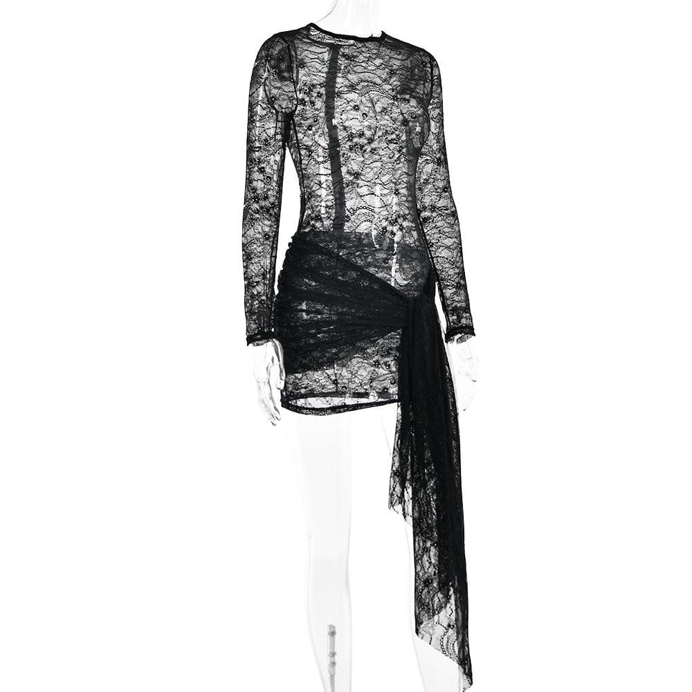 Lace see through long sleeve zip-up self tie ruched mini dress 4