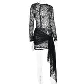 Lace see through long sleeve zip-up self tie ruched mini dress 4