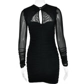 Hollow out ruched mesh long sleeve zip-up button mini dress 6