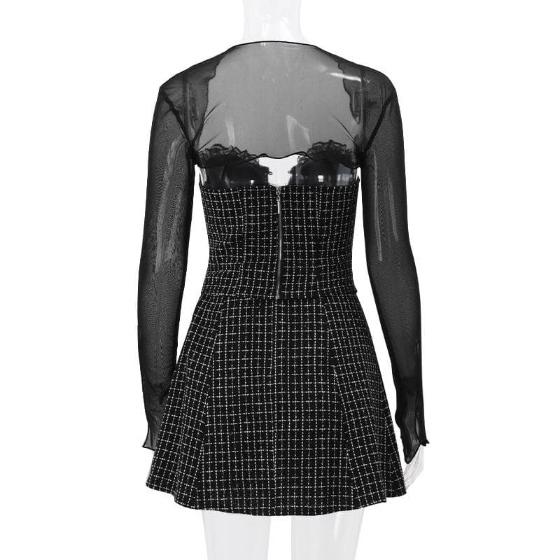 Plaid Lace Up Front Mini Dress and Sheer Mesh Shrug Two Piece Set 3