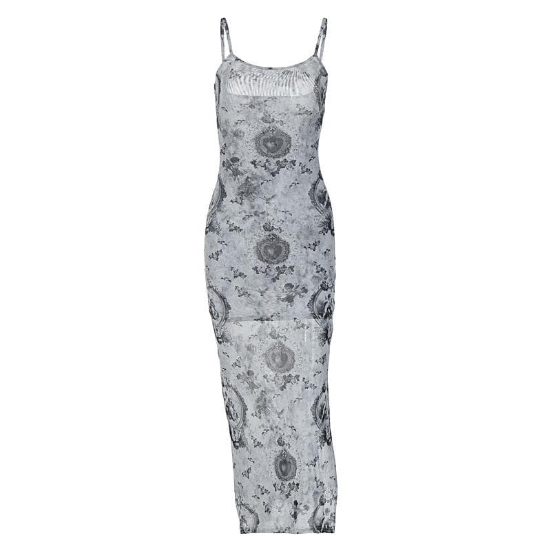 Slit contrast print sheer mesh see through u neck cami midi dress 2