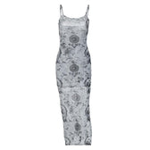 Slit contrast print sheer mesh see through u neck cami midi dress 2