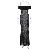 Lace off shoulder see through solid ruched maxi dress 8