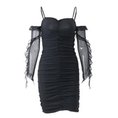 Solid ruched backless ruffle mesh mini dress 4