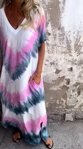 Tie Dye V-Neck Short Sleeve Pocket Maxi Dress 3