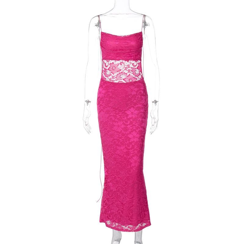 Lace solid square neck ruched spaghetti strap backless maxi dress 8