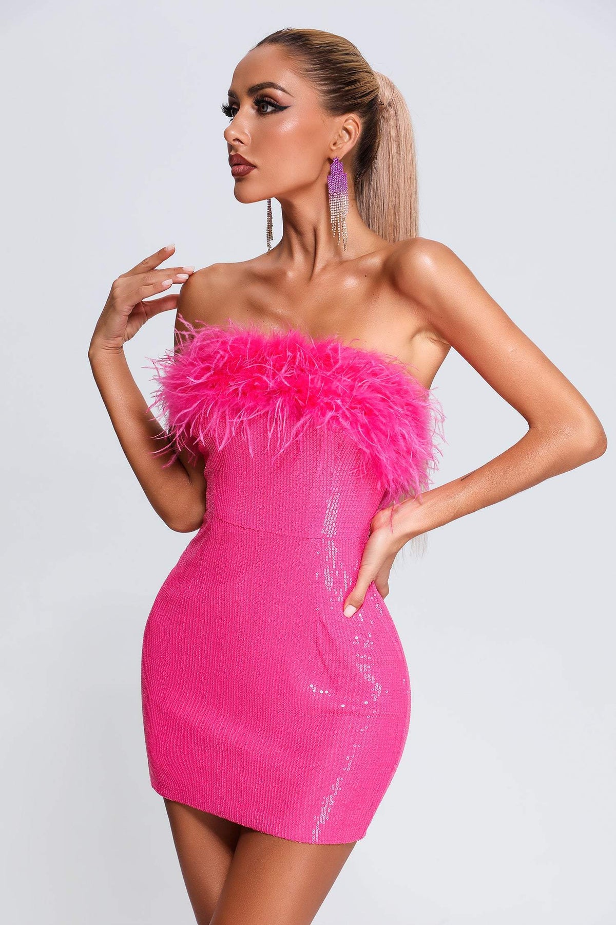 Strapless Feather Neckline Sequin Fitted Mini Dress 3