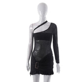 Mesh one shoulder buckle ruffle irregular mini dress 2