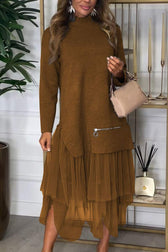 High Neck Long Sleeve Mesh Tiered Faux Two Piece Midi Dress 6