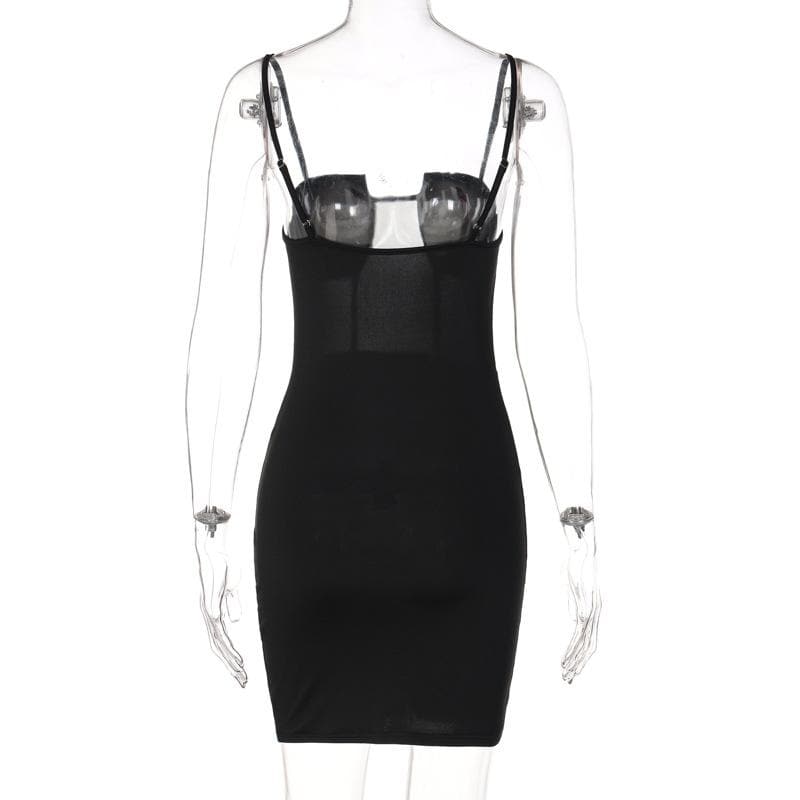 Sheer Mesh Corset Bodice Notch Neck Spaghetti Strap Bodycon Mini Dress 4