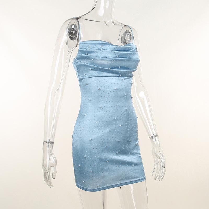 Satin Cowl Neck Spaghetti Strap Faux Pearl Beaded Bodycon Mini Dress 3