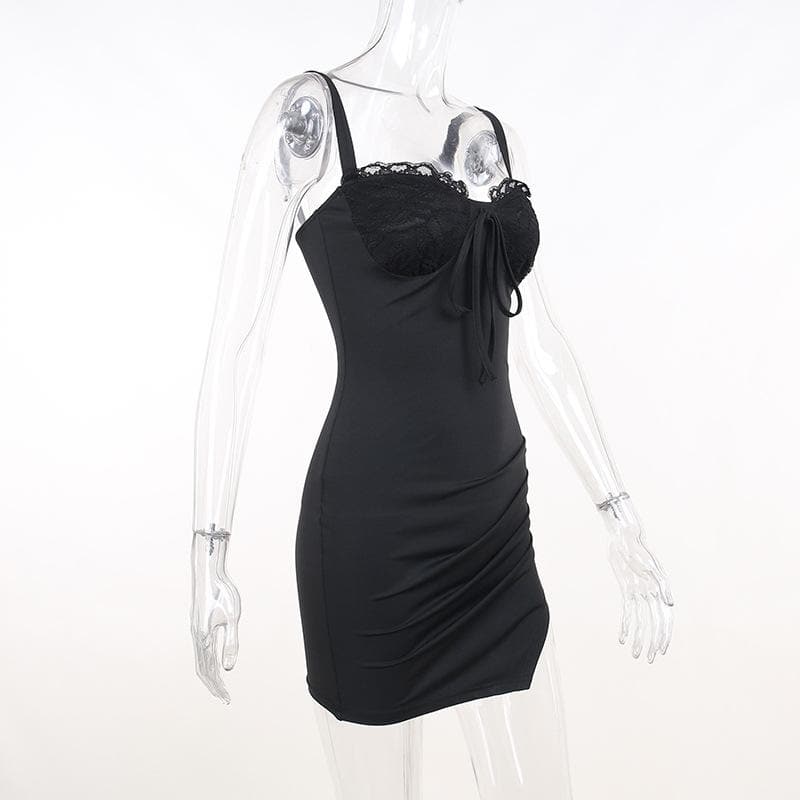 Ruched solid sleeveless lace slit self tie backless mini dress 4