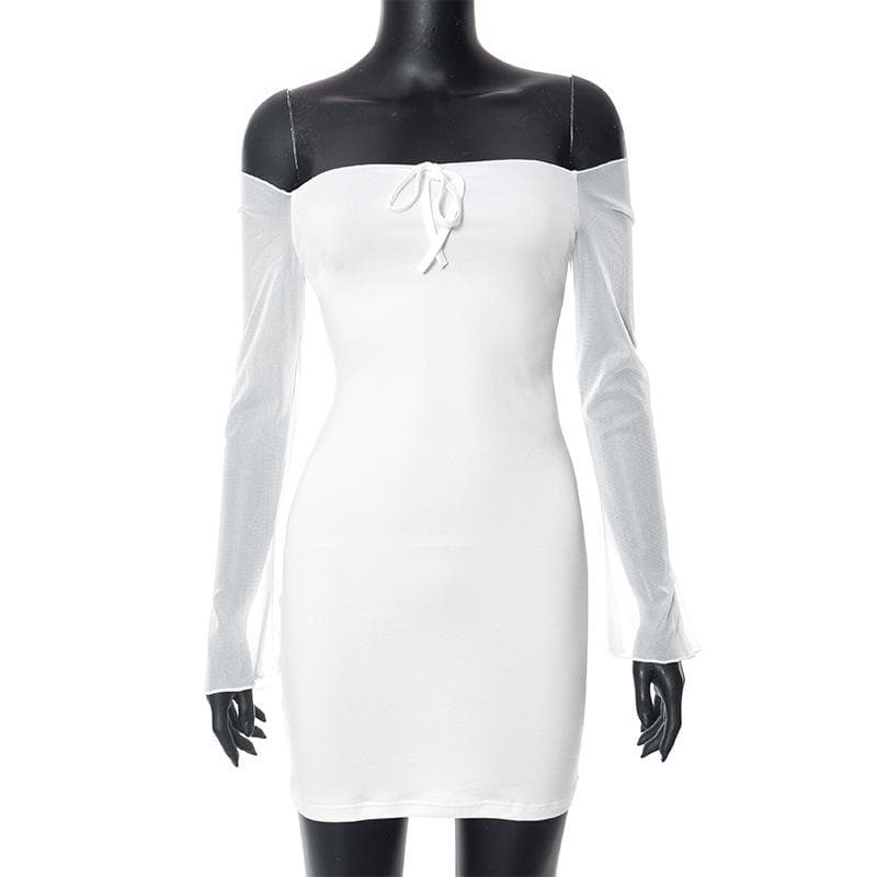 Mesh solid off shoulder long sleeve self tie mini dress 8