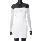 Mesh solid off shoulder long sleeve self tie mini dress 8