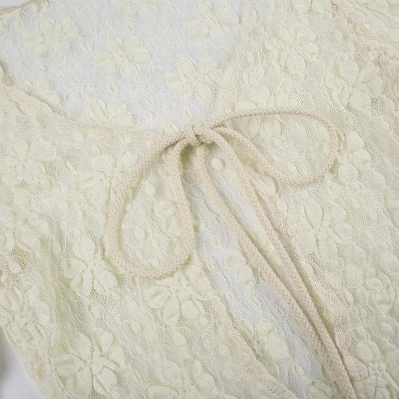 Sheer Lace Tie Front Cardigan and Lace Up Mini Dress Two Piece Set 10