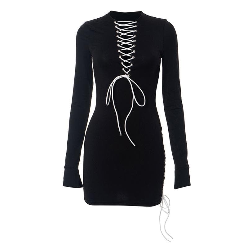 Contrast Lace Up Front Long Sleeve Side Tie Bodycon Mini Dress