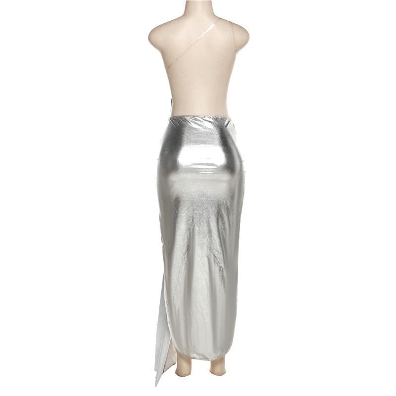 Metallic one shoulder irregular backless maxi dress 3