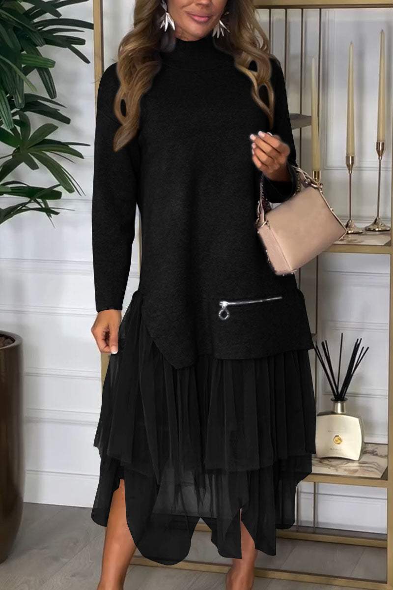 High Neck Long Sleeve Mesh Tiered Faux Two Piece Midi Dress 5