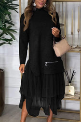 High Neck Long Sleeve Mesh Tiered Faux Two Piece Midi Dress 5