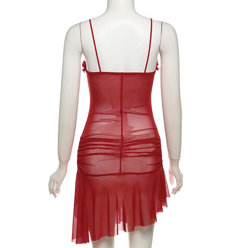 Sheer Mesh Ruffle Trim Cut Out Ruched Asymmetric Strap Mini Dress 7