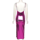 Metallic notch neck slit backless cami midi dress 3