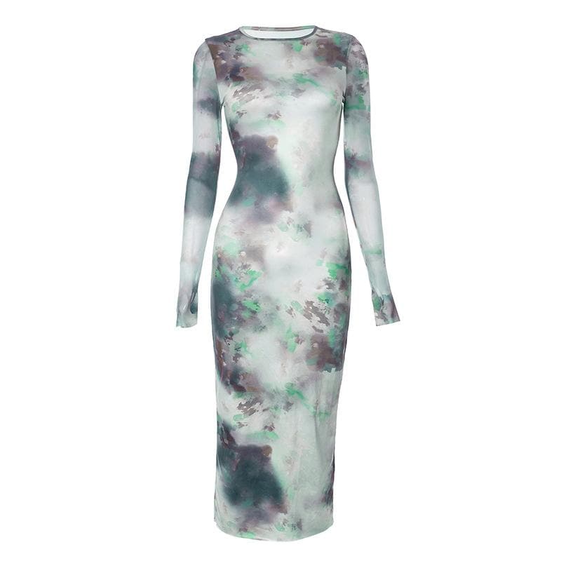 Long sleeve crewneck tie dye mesh gloves contrast midi dress 2